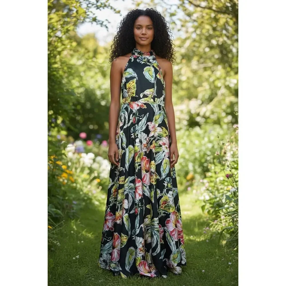 Nicole Miller New York Black Floral Print Halter Maxi Dress Size 6 - Picture 8 of 8